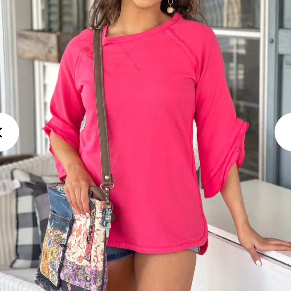 Soft Surroundings Pink Avery Tunic Ruffled 3/4 Sleeves L